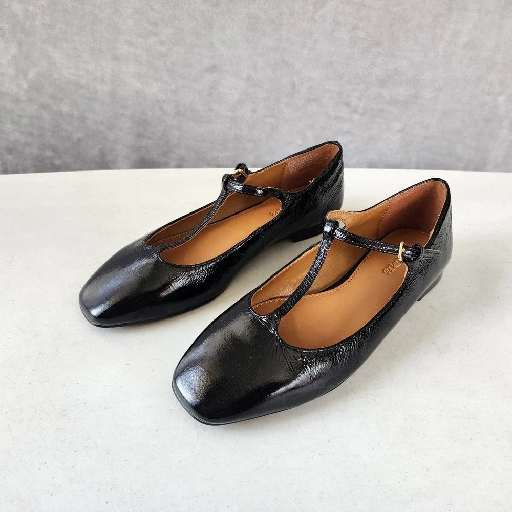 Madewell Mylie Flats Womens Size 5 Black Leather Buckle Square Toe Shoes T-Strap
